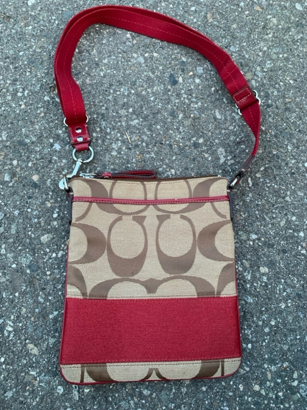 Coach red and beige crossbody bag with logo pattern